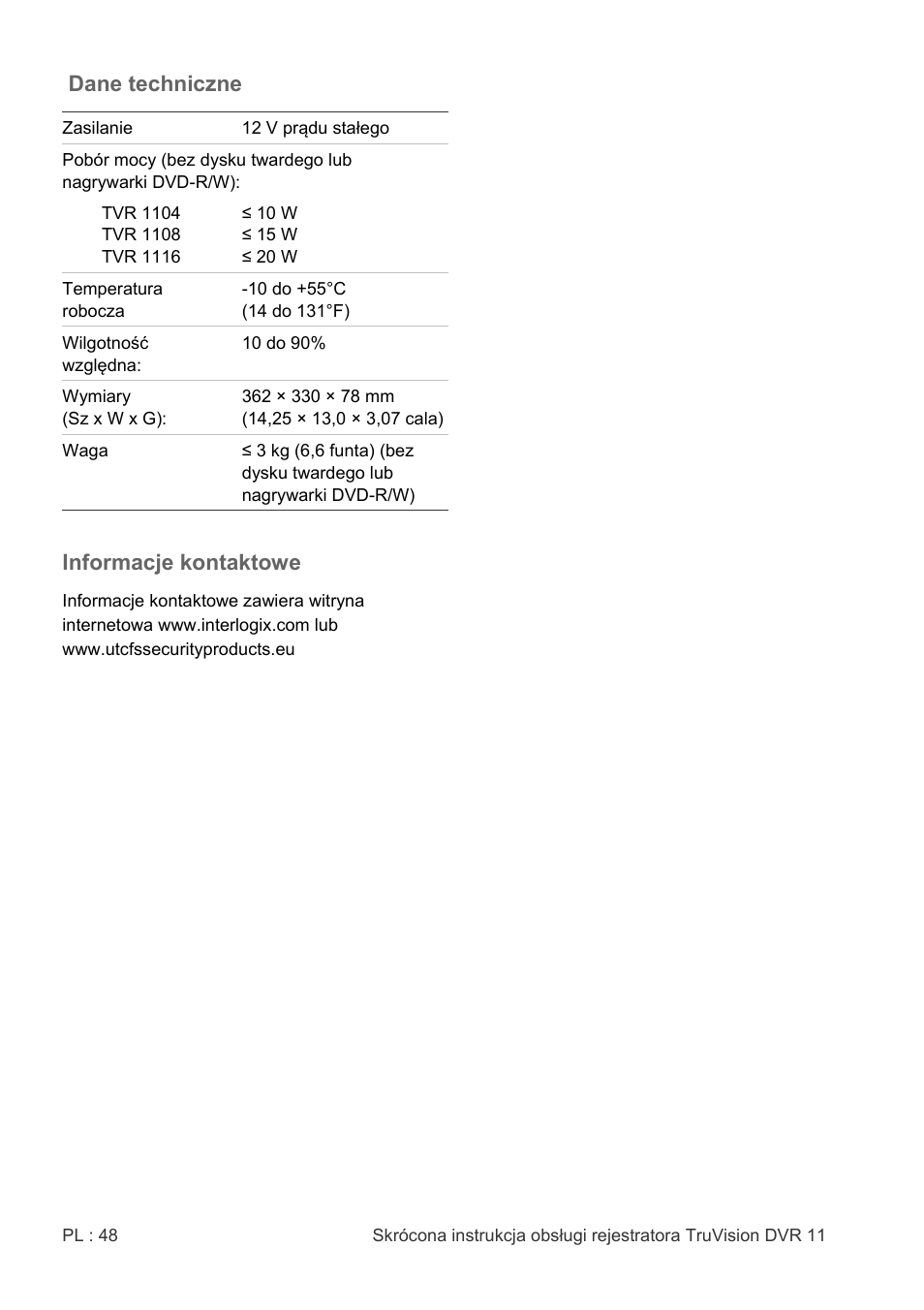 Dane techniczne, Informacje kontaktowe | Interlogix DVR 11 Quick Start Guide User Manual | Page 48 / 68
