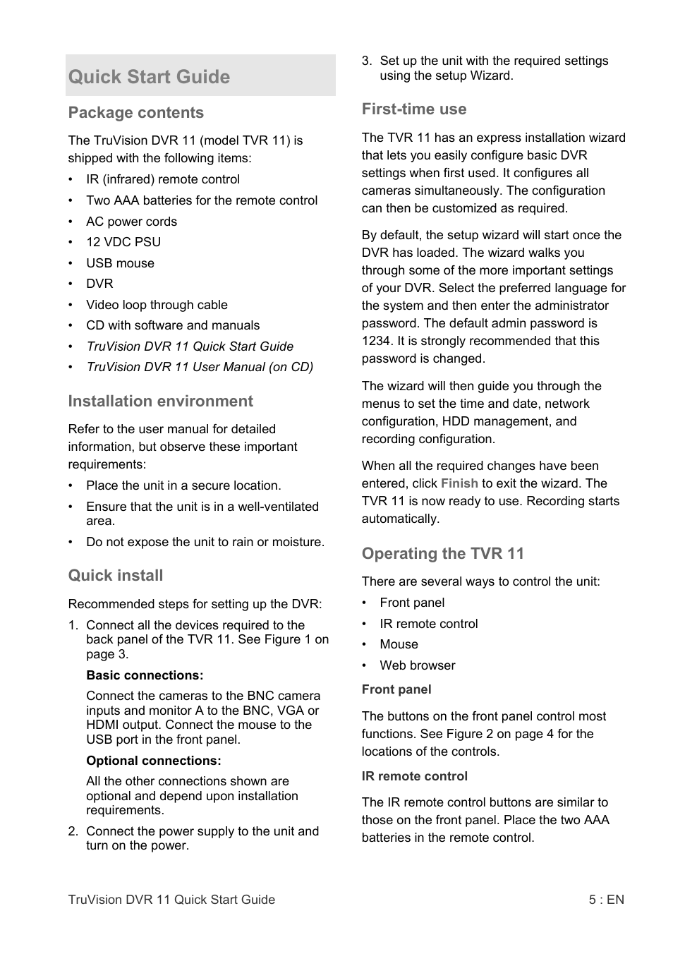 Quick start guide | Interlogix DVR 11 Quick Start Guide User Manual | Page 5 / 68