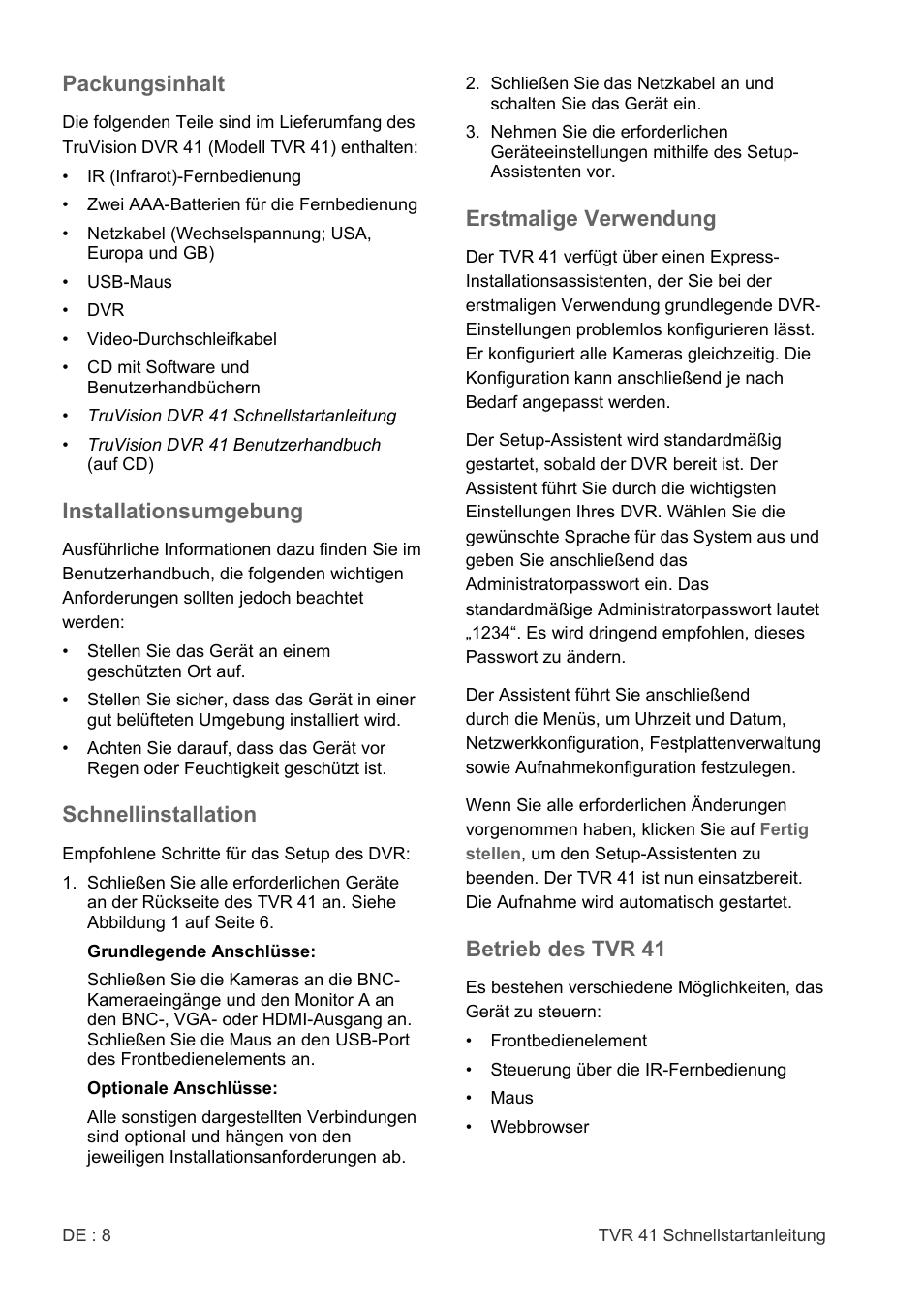Packungsinhalt, Installationsumgebung, Schnellinstallation | Erstmalige verwendung, Betrieb des tvr 41 | Interlogix DVR 41 Quick Start User Manual | Page 10 / 68