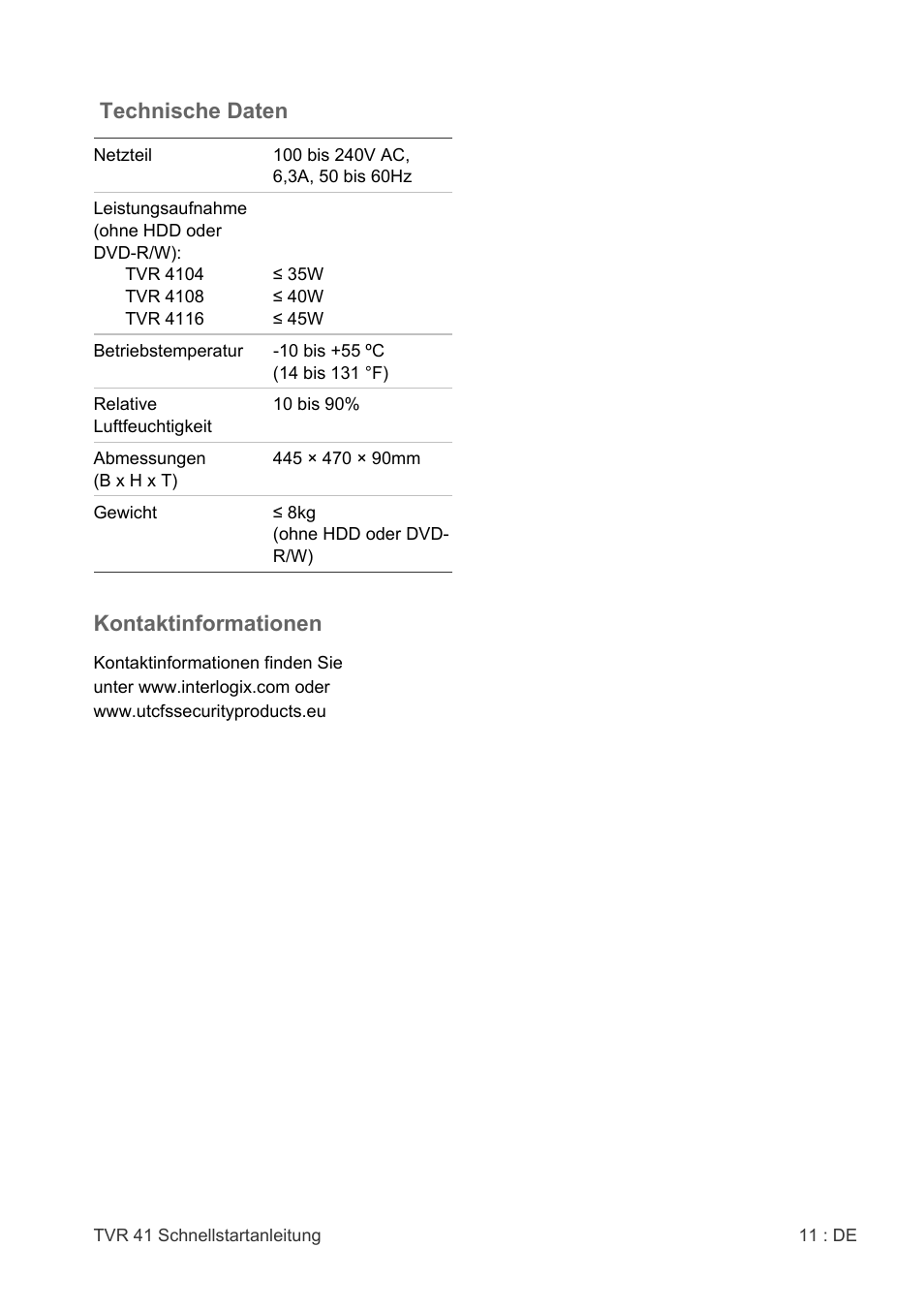 Technische daten, Kontaktinformationen | Interlogix DVR 41 Quick Start User Manual | Page 13 / 68