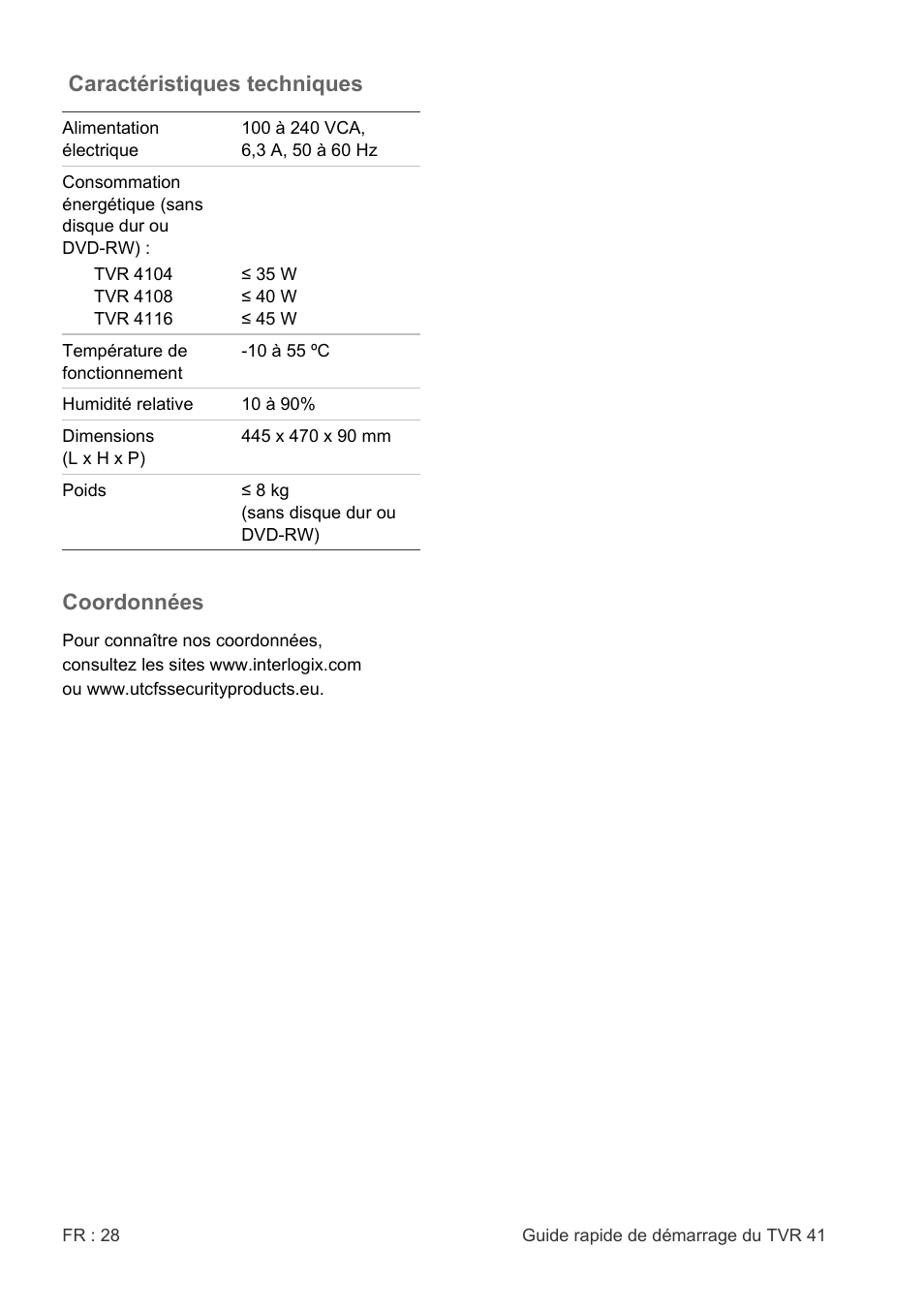 Caractéristiques techniques, Coordonnées | Interlogix DVR 41 Quick Start User Manual | Page 30 / 68