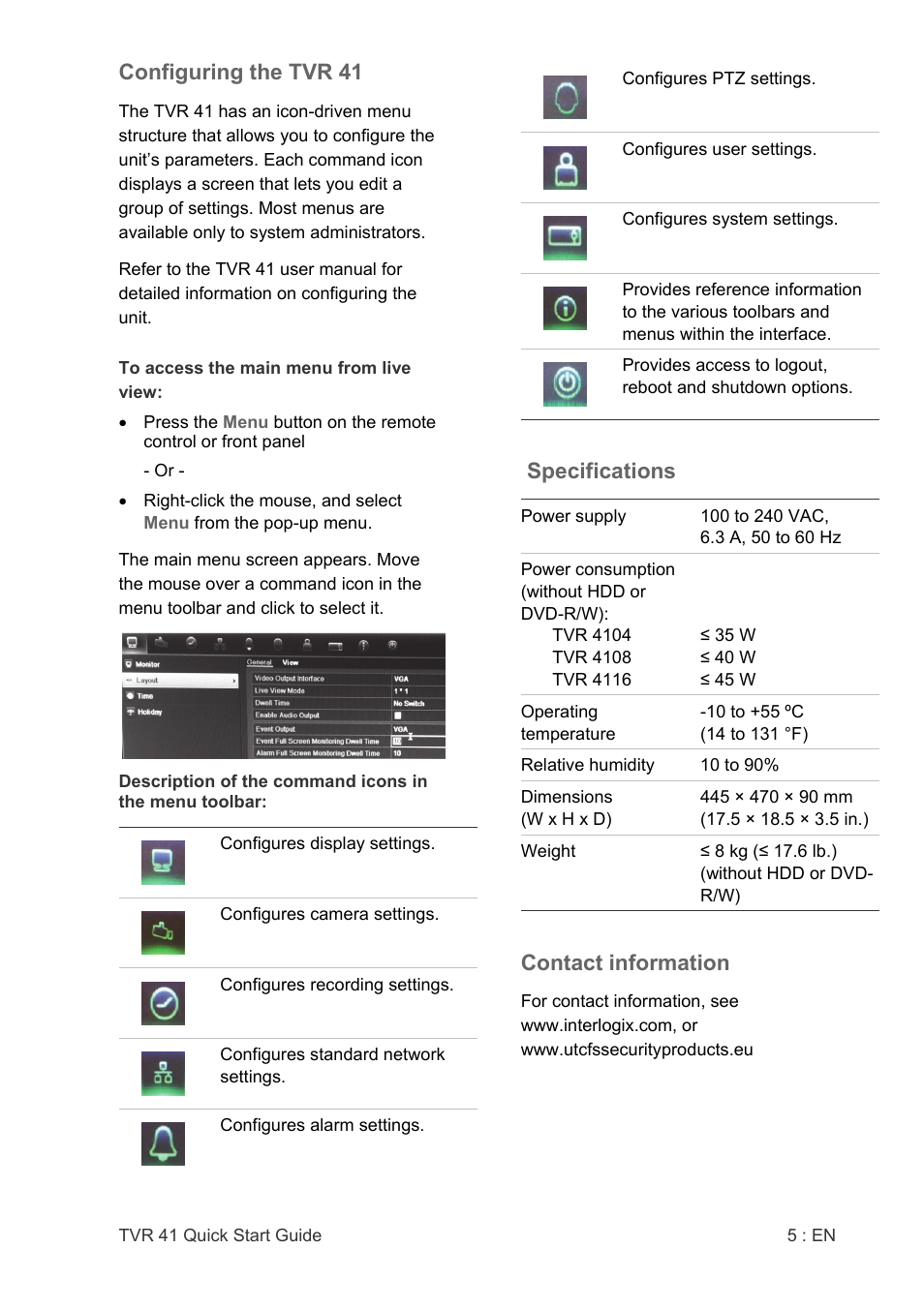 Configuring the tvr 41, Specifications, Contact information | Interlogix DVR 41 Quick Start User Manual | Page 7 / 68