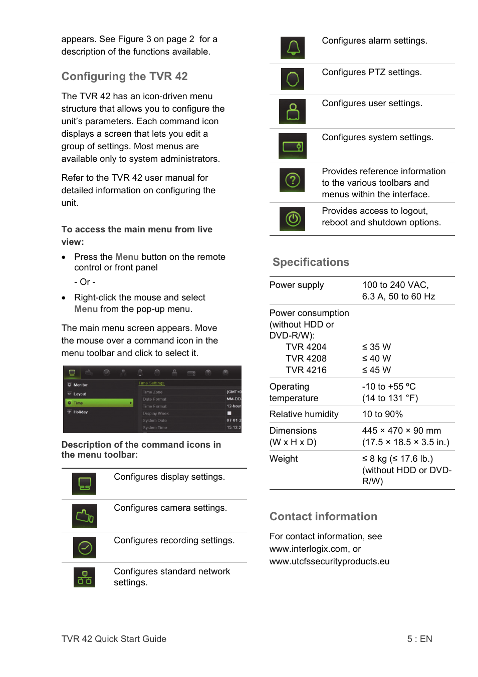 Configuring the tvr 42, Specifications, Contact information | Interlogix DVR 42 Quick Start User Manual | Page 7 / 8