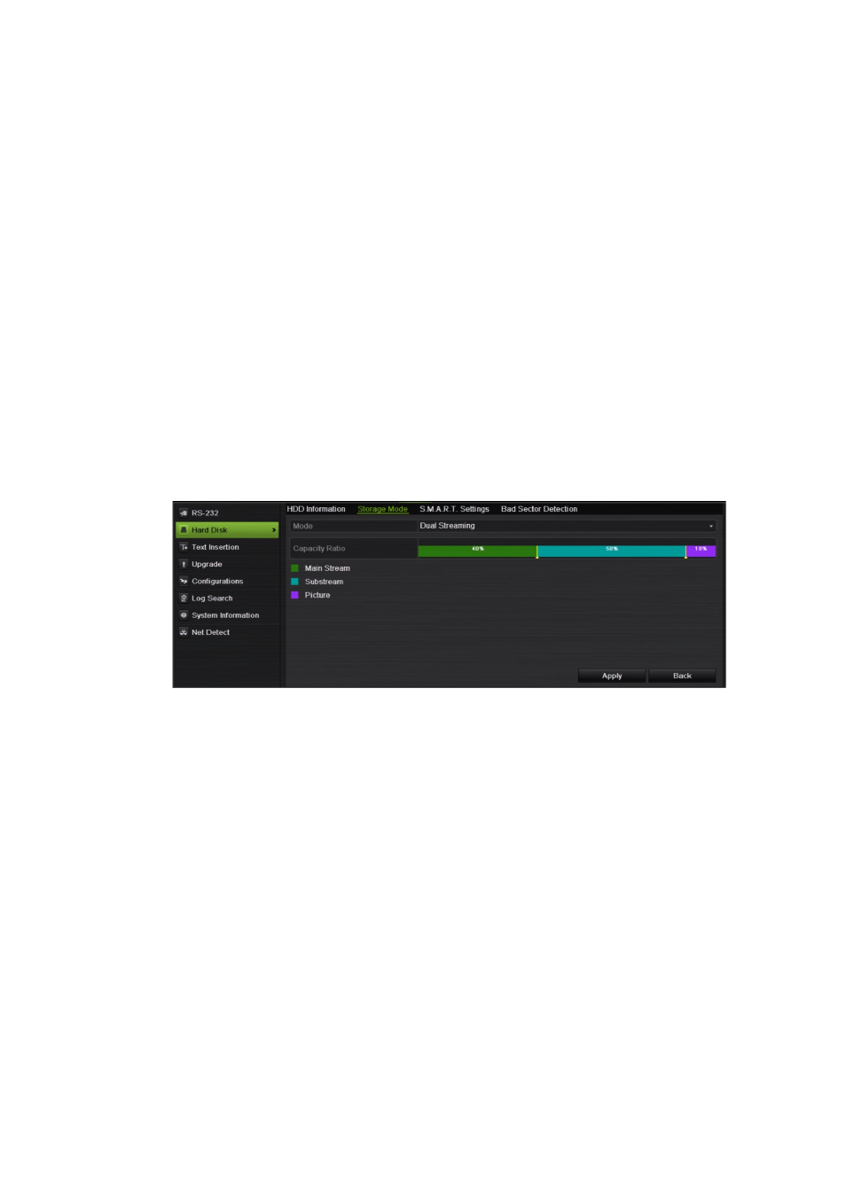 Recording dual streaming, Setting the hdd property | Interlogix DVR 42 User Manual User Manual | Page 125 / 176