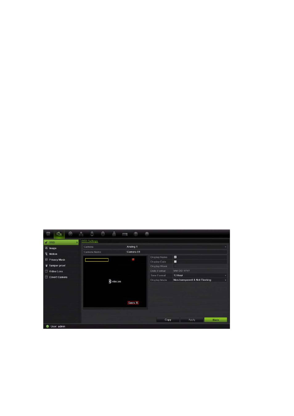 Chapter 14 camera settings, Configuring the camera osd settings | Interlogix DVR 42 User Manual User Manual | Page 130 / 176