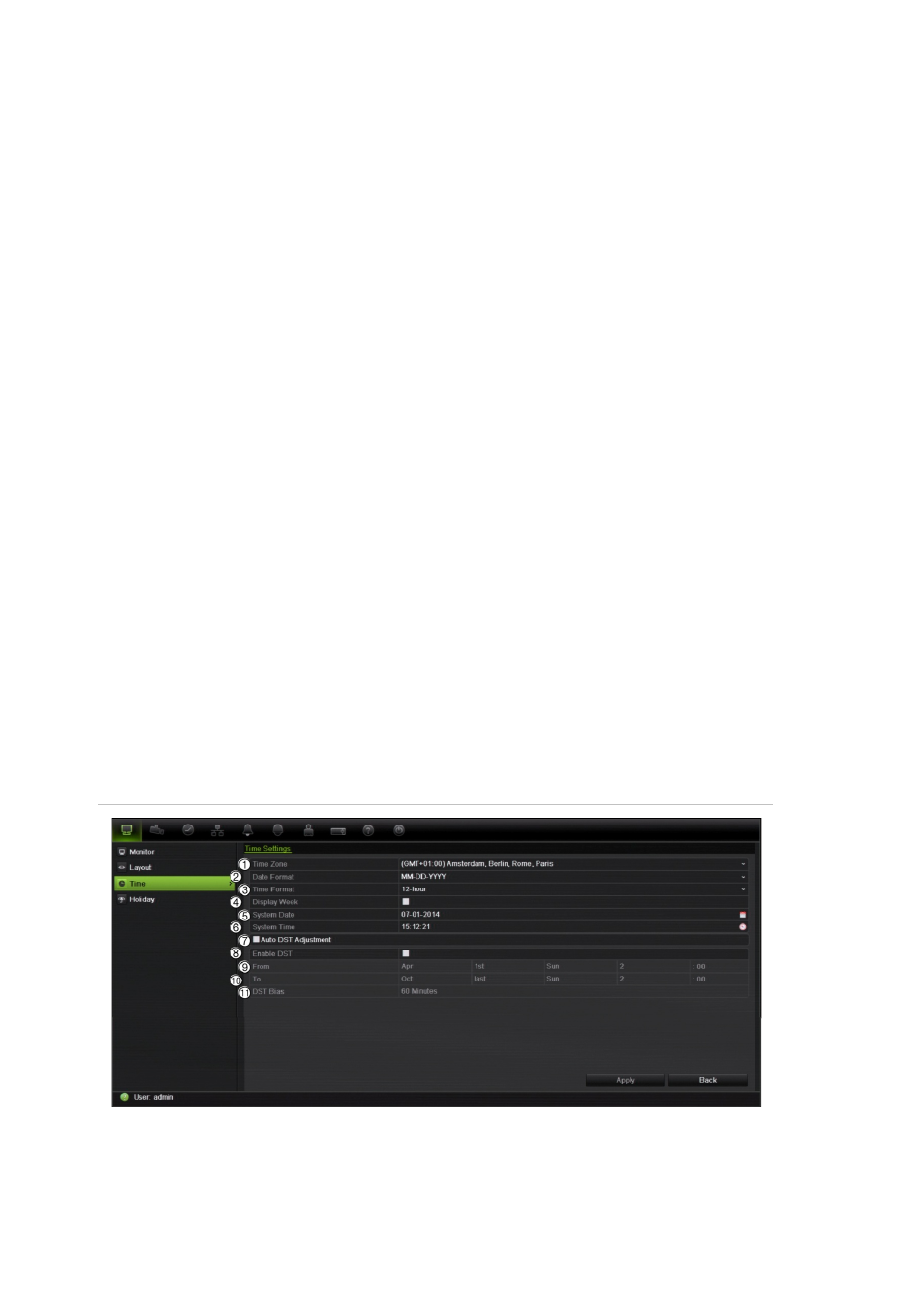 Configuring time and date, Camera sequencing for alarms and events | Interlogix DVR 42 User Manual User Manual | Page 44 / 176