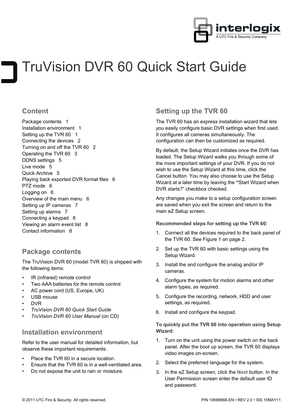 Interlogix DVR 60 Quick Start User Manual | 8 pages