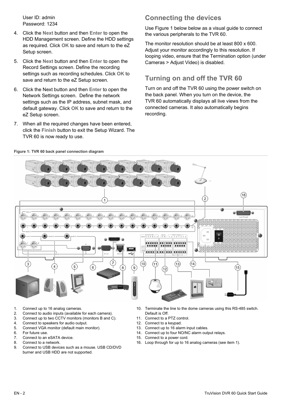 Connecting the devices, Turning on and off the tvr 60 | Interlogix DVR 60 Quick Start User Manual | Page 2 / 8