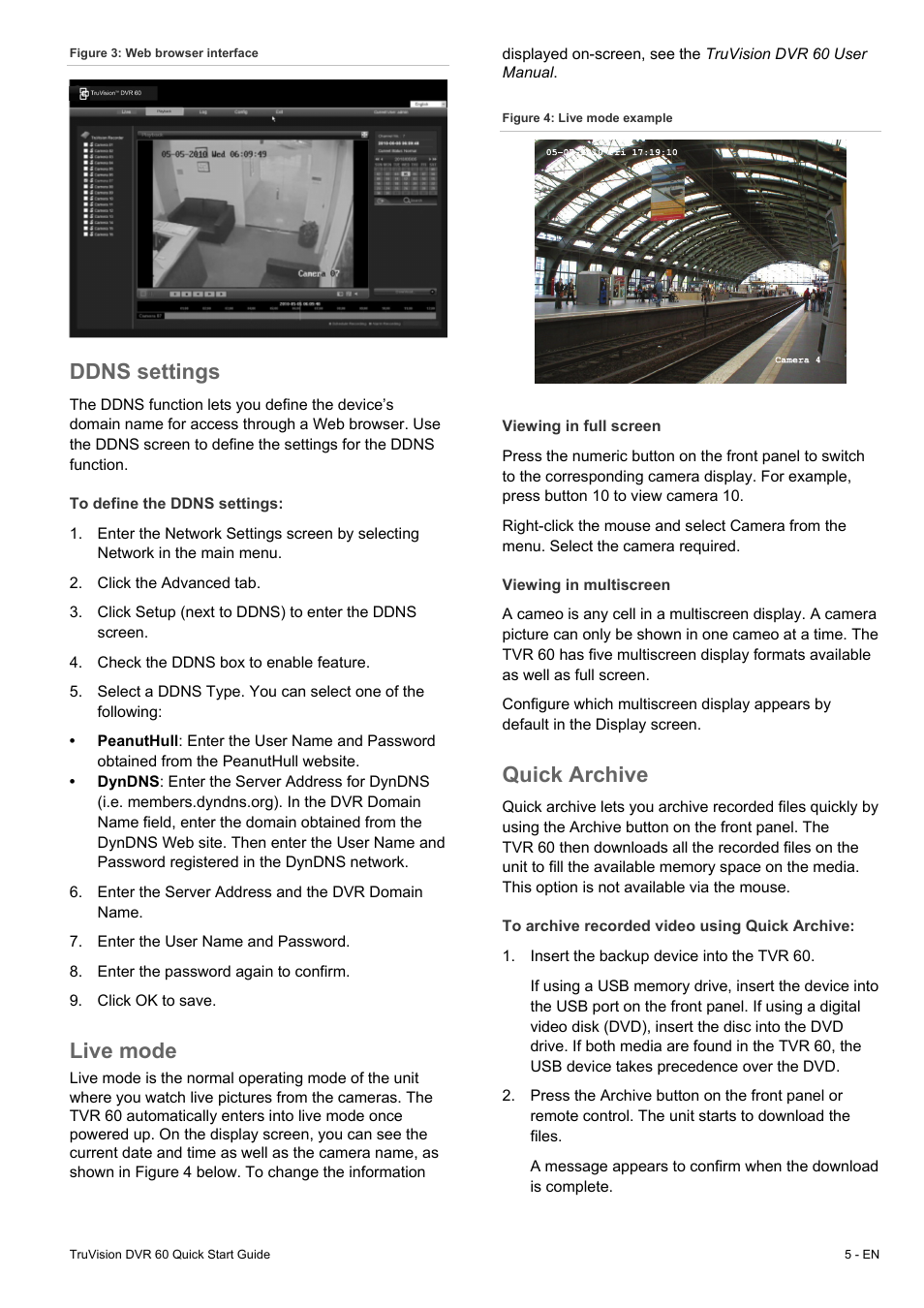 Ddns settings, Live mode, Quick archive | Interlogix DVR 60 Quick Start User Manual | Page 5 / 8