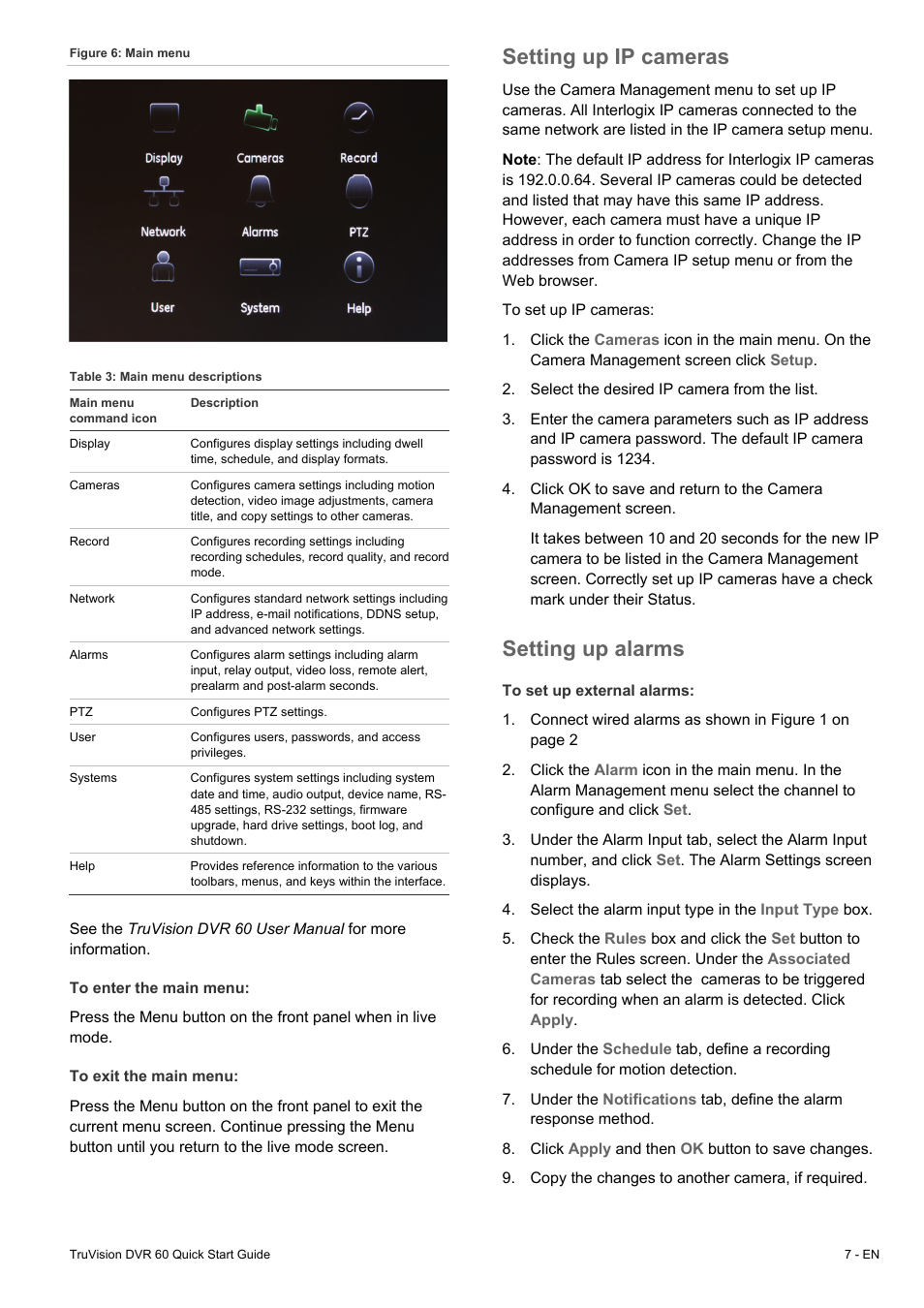 Setting up ip cameras, Setting up alarms | Interlogix DVR 60 Quick Start User Manual | Page 7 / 8