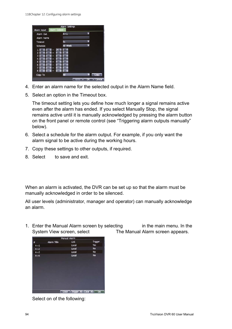 Triggering alarm outputs manually, Triggering alarm outputs manually 94 | Interlogix DVR 60 User Manual User Manual | Page 100 / 164
