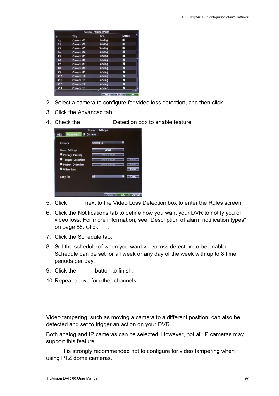 Detecting video tampering, Ing 97 | Interlogix DVR 60 User Manual User Manual | Page 103 / 164