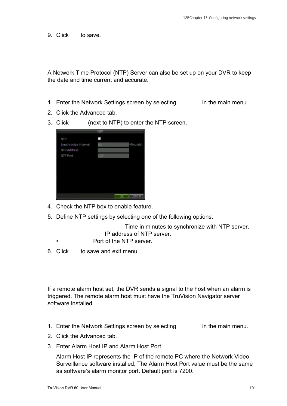 Configuring an ntp server, Configuring a remote alarm host | Interlogix DVR 60 User Manual User Manual | Page 107 / 164