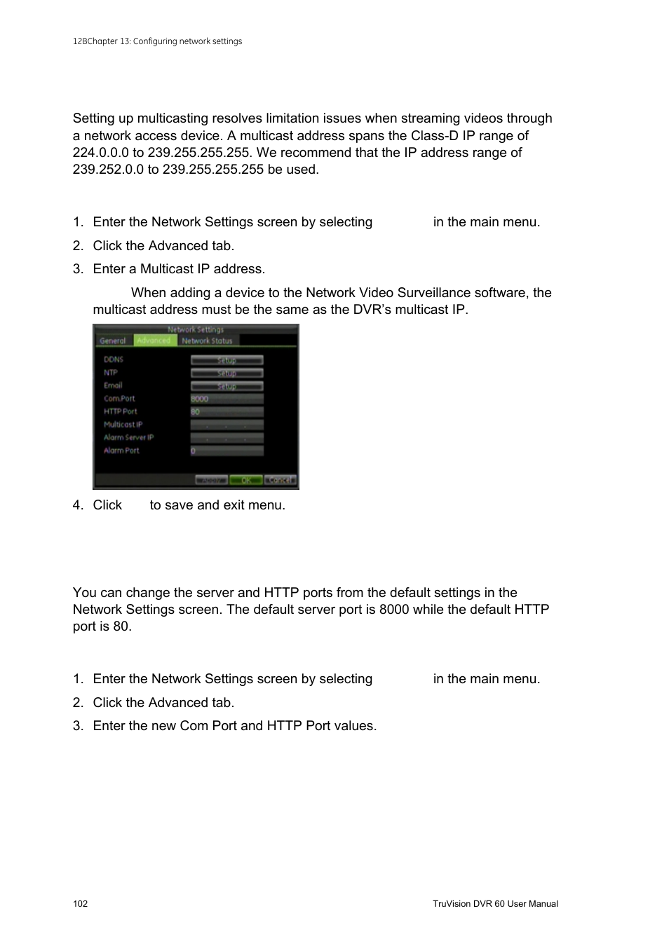 Configuring multicast, Configuring the server and http ports, Configuring multicast 102 | Configuring the server and http ports 102 | Interlogix DVR 60 User Manual User Manual | Page 108 / 164