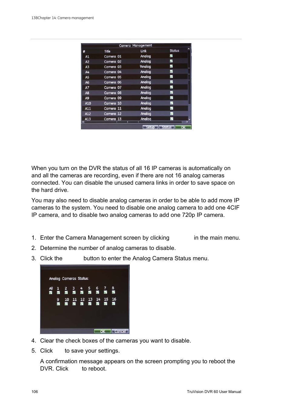 Enabling or disabling analog cameras, Enabling or disabling analog cameras 106 | Interlogix DVR 60 User Manual User Manual | Page 112 / 164