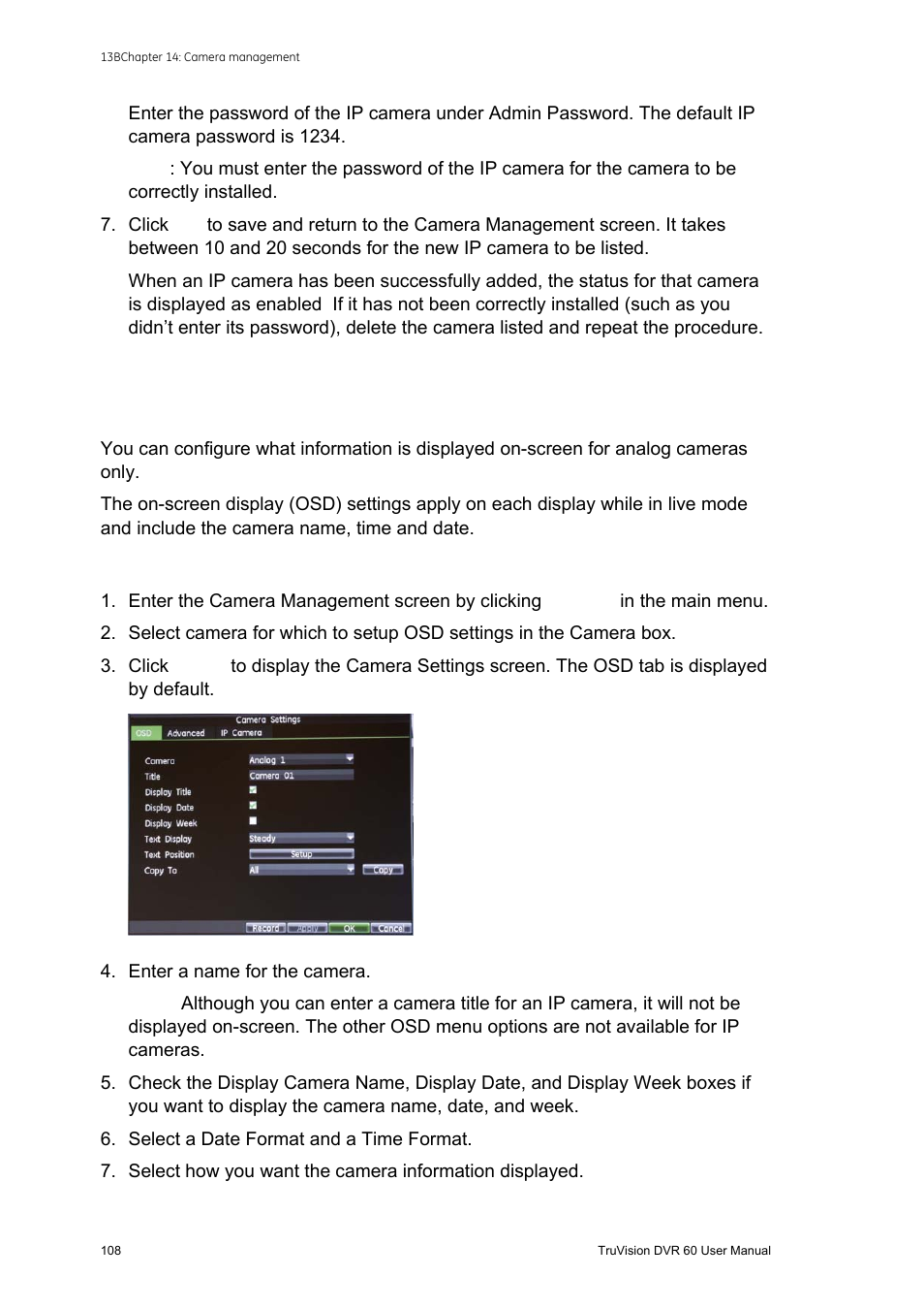 Configuring the osd settings, Configuring the osd settings 108 | Interlogix DVR 60 User Manual User Manual | Page 114 / 164