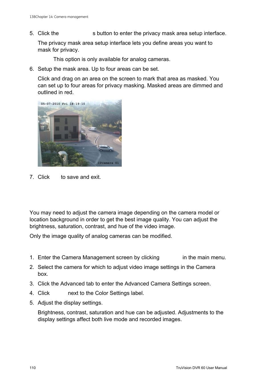 Adjusting video image settings, Adjusting video image settings 110 | Interlogix DVR 60 User Manual User Manual | Page 116 / 164