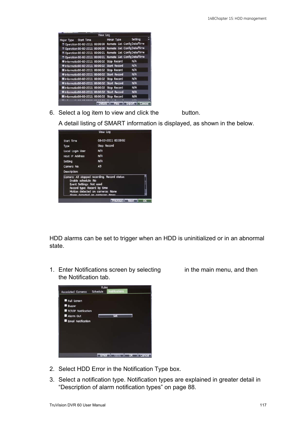 Configuring hdd alarms, Configuring hdd alarms 117 | Interlogix DVR 60 User Manual User Manual | Page 123 / 164