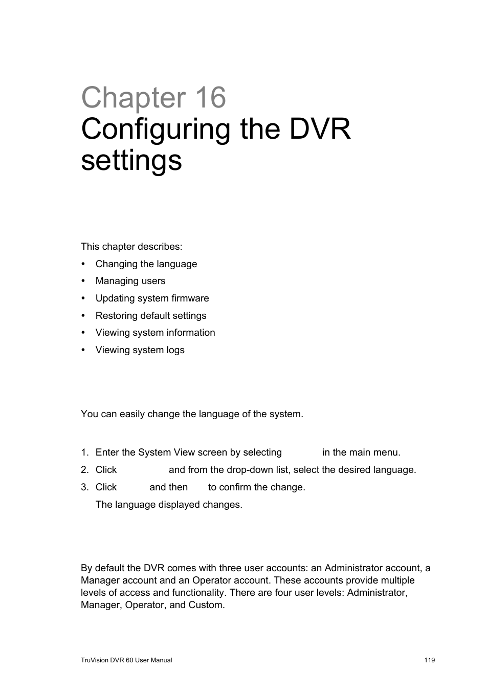 Chapter 16 configuring the dvr settings, Changing the language, Managing users | Settings 119 | Interlogix DVR 60 User Manual User Manual | Page 125 / 164