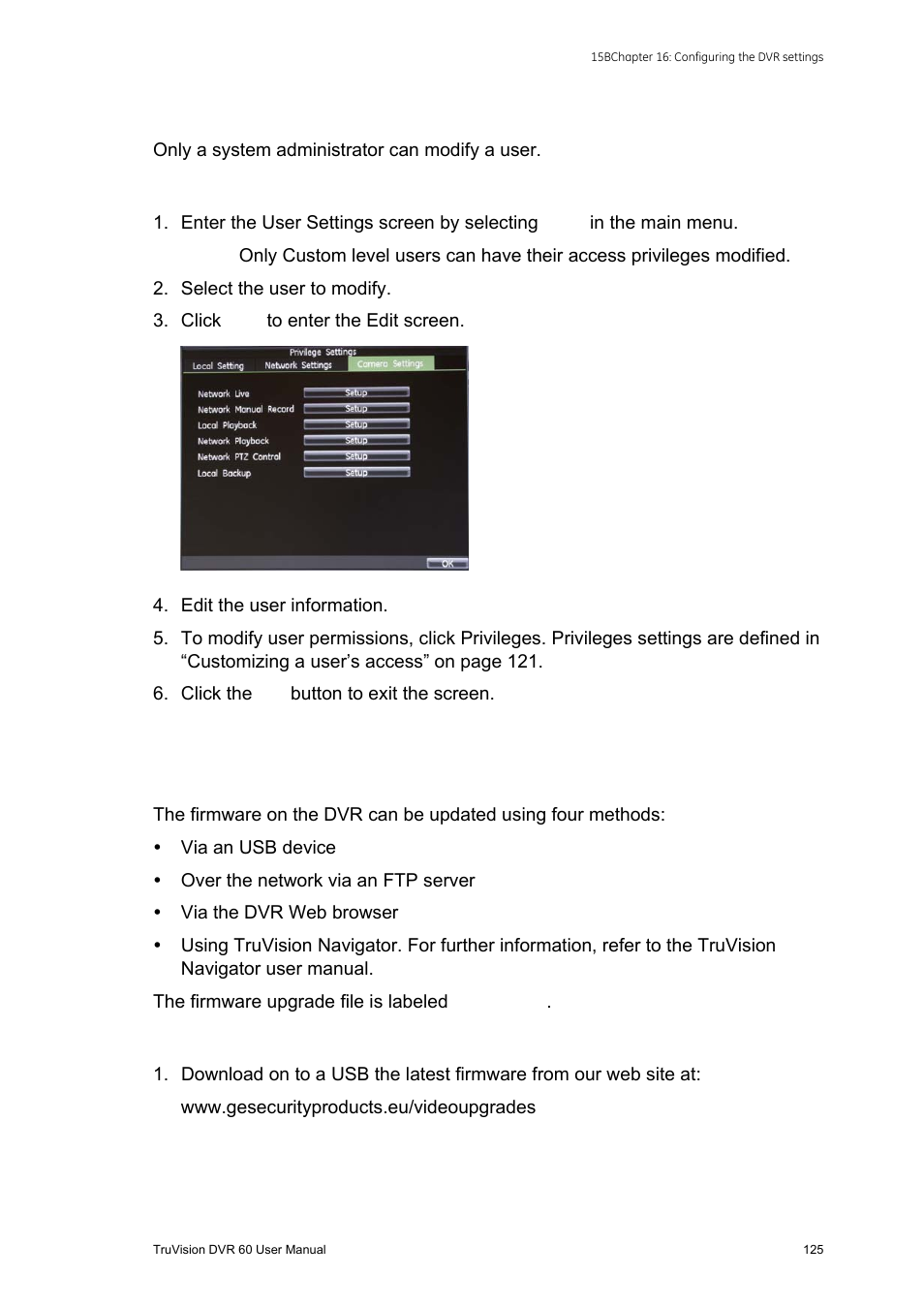 Updating system firmware, Modifying a user | Interlogix DVR 60 User Manual User Manual | Page 131 / 164