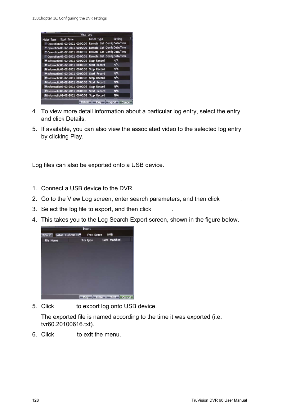 Exporting log files | Interlogix DVR 60 User Manual User Manual | Page 134 / 164