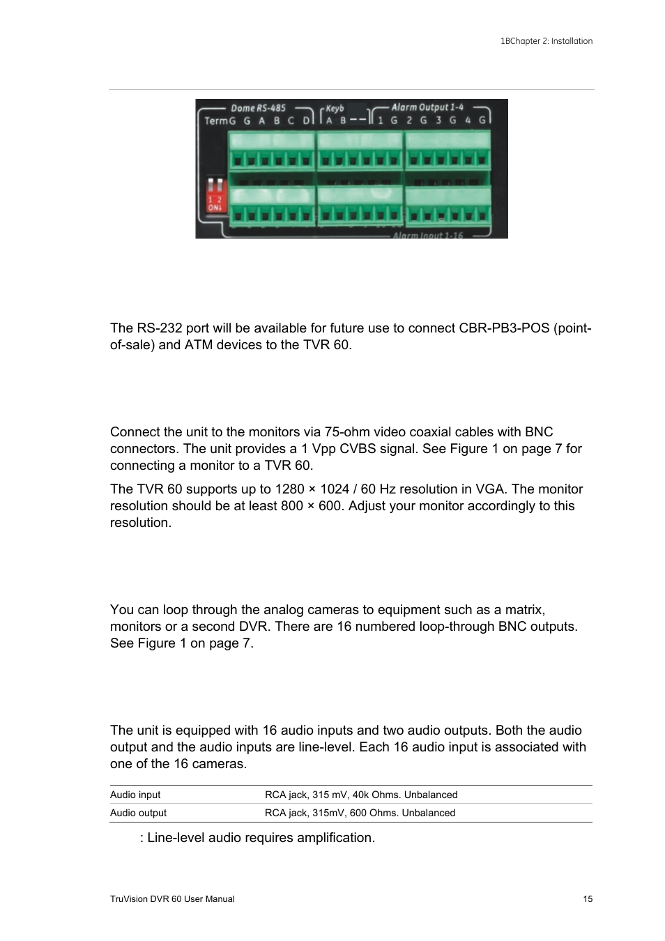 Rs-232 port, Monitor connections, Loop through | Audio inputs and output, H 15 | Interlogix DVR 60 User Manual User Manual | Page 21 / 164