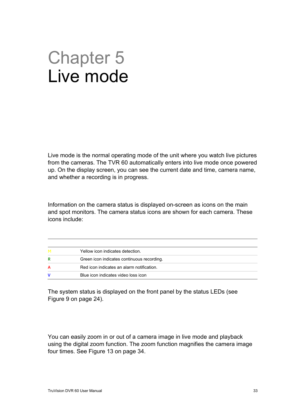 Chapter 5 live mode, Description of live mode, Digital zoom | Interlogix DVR 60 User Manual User Manual | Page 39 / 164