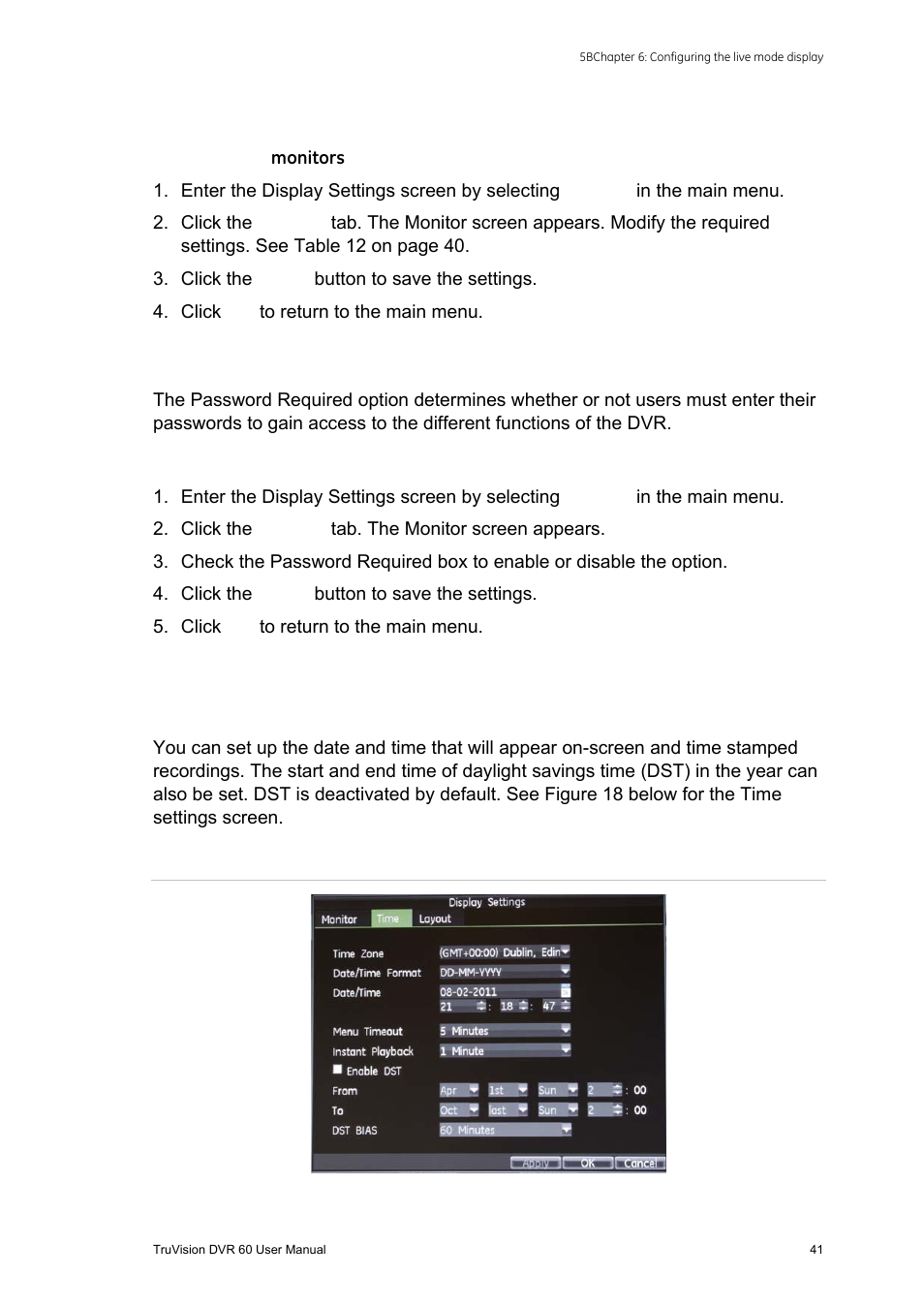 Configuring time and date, Monitor setup, Enabling a password | Interlogix DVR 60 User Manual User Manual | Page 47 / 164