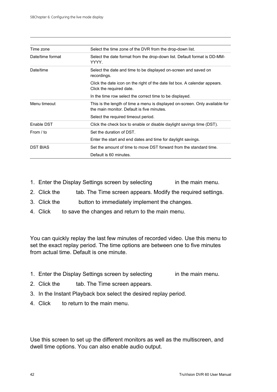 Configuring display options, Tions 42, Changing the instant playback time | Interlogix DVR 60 User Manual User Manual | Page 48 / 164