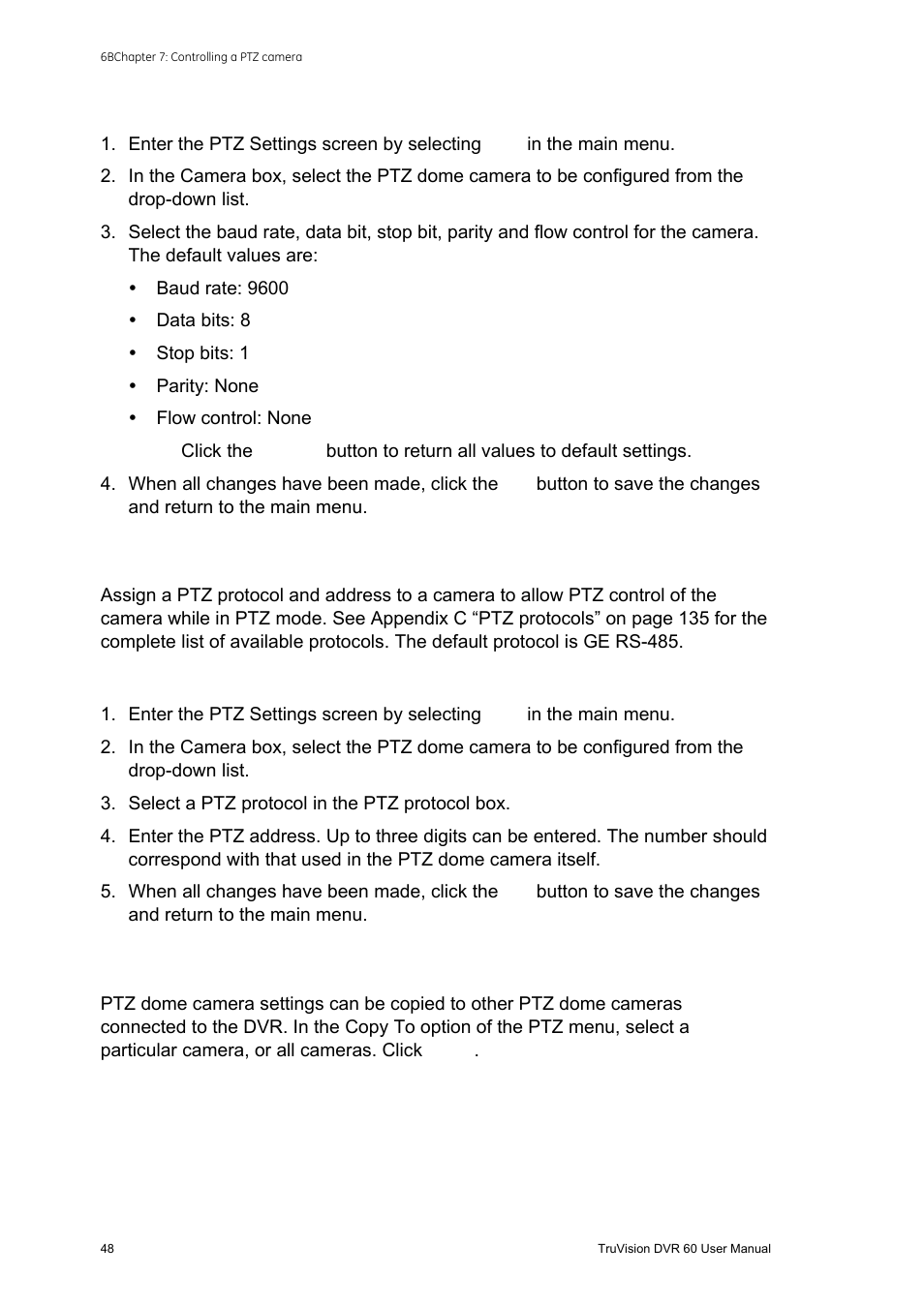 Assigning ptz protocols, Copying settings to other cameras | Interlogix DVR 60 User Manual User Manual | Page 54 / 164