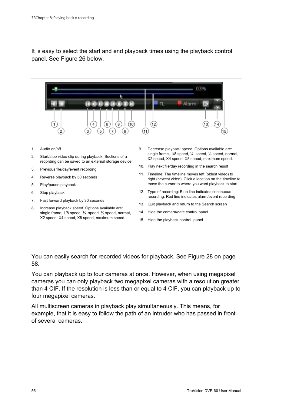 The playback control panel, Playing back recorded video | Interlogix DVR 60 User Manual User Manual | Page 62 / 164