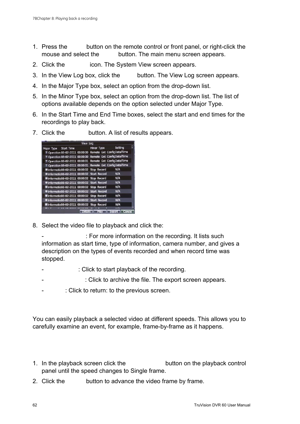 Playing back frame-by-frame | Interlogix DVR 60 User Manual User Manual | Page 68 / 164