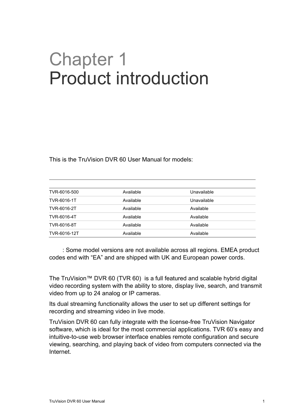 Chapter 1 product introduction, Product overview | Interlogix DVR 60 User Manual User Manual | Page 7 / 164