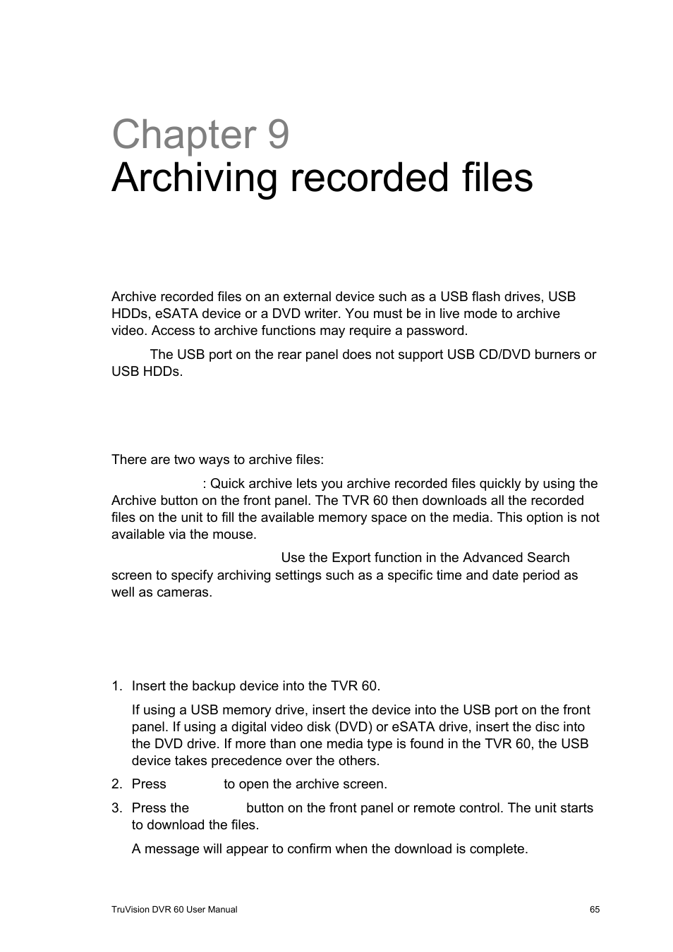 Chapter 9 archiving recorded files, Archiving files, Archiving recorded files 65 | Interlogix DVR 60 User Manual User Manual | Page 71 / 164