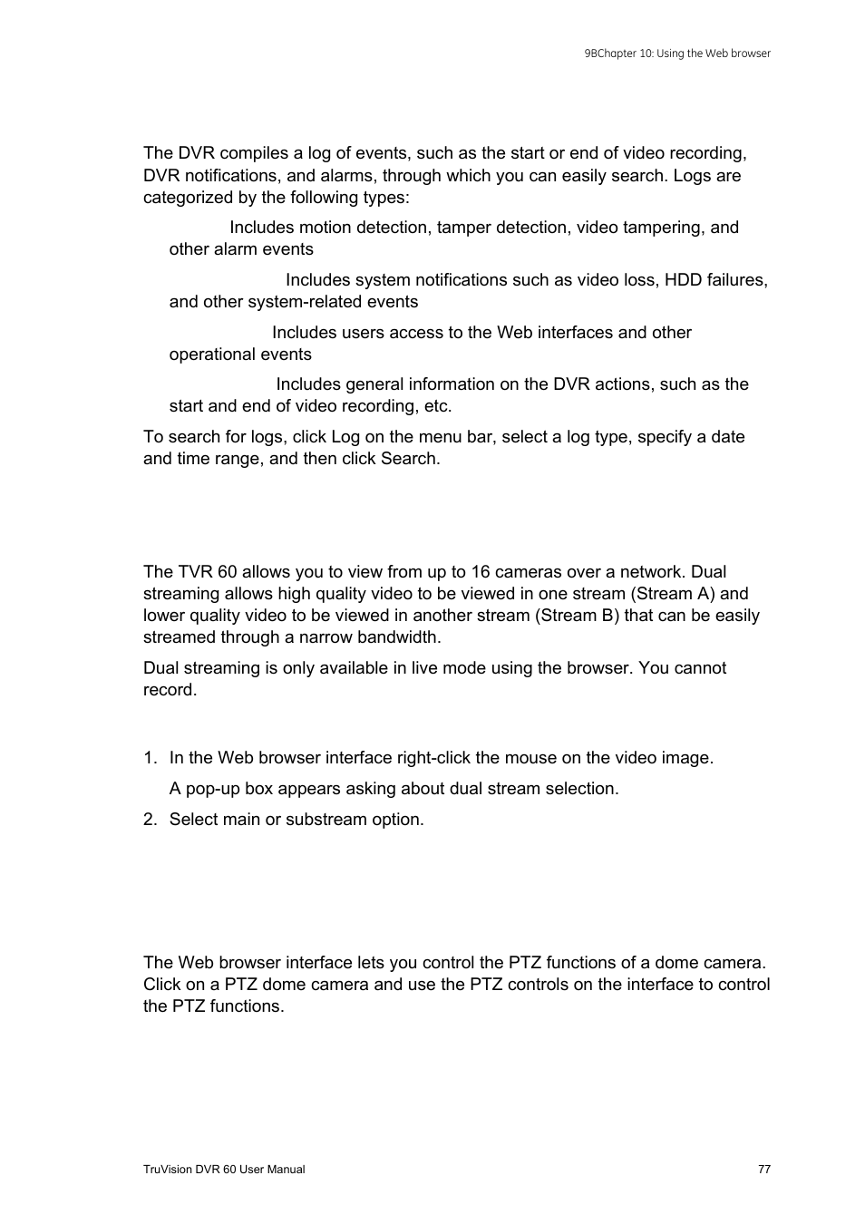 Searching for event logs, Live dual streaming, Controlling a ptz dome camera in the web browser | Searching for event logs 77 live dual streaming 77 | Interlogix DVR 60 User Manual User Manual | Page 83 / 164