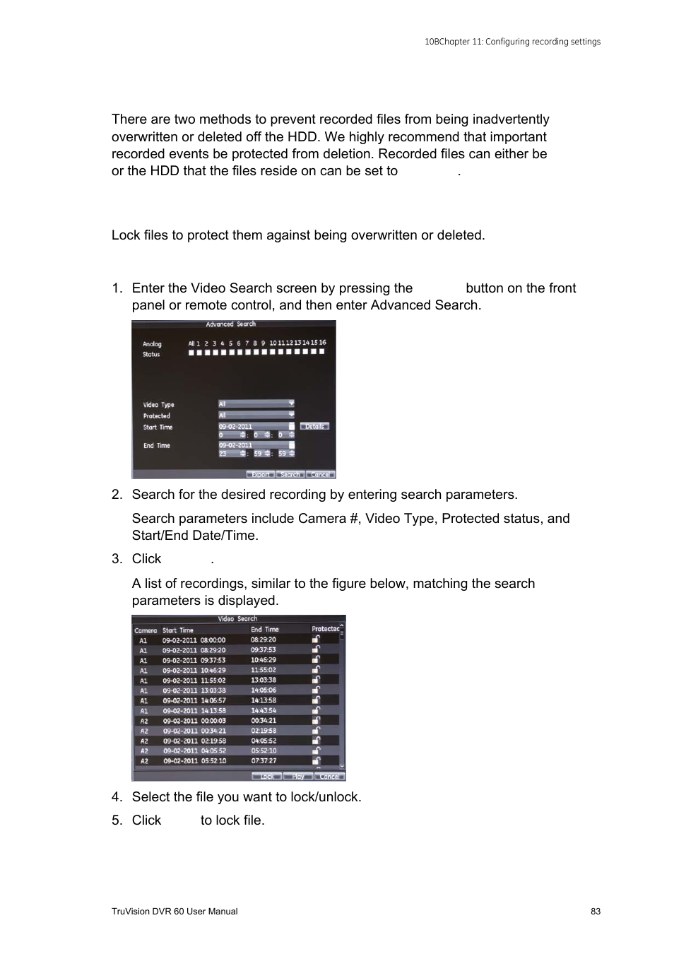 Protecting recorded files, S 83, Locking and unlocking recorded files | Interlogix DVR 60 User Manual User Manual | Page 89 / 164