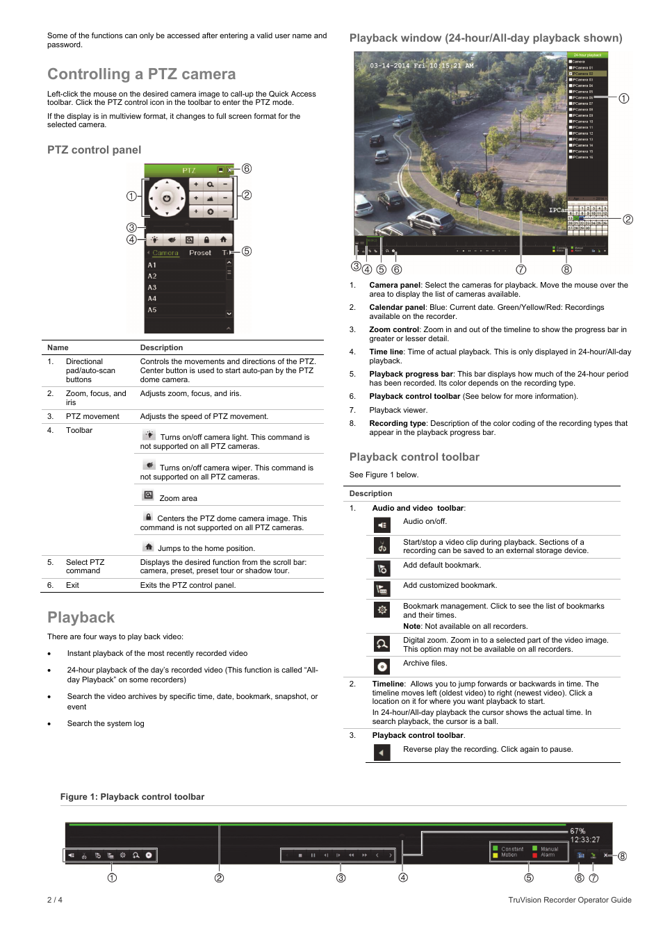 Controlling a ptz camera, Playback, Ptz control panel | Playback window (24-hour/all-day playback shown), Playback control toolbar | Interlogix NVR 10 User Manual | Page 2 / 4