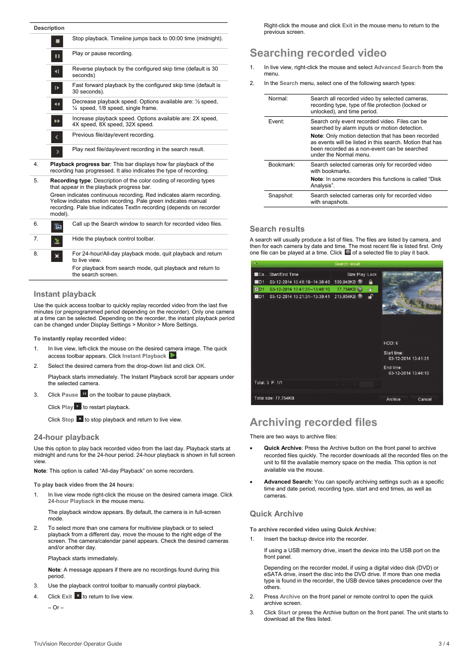 Searching recorded video, Archiving recorded files, Instant playback | Hour playback, Search results, Quick archive | Interlogix NVR 10 User Manual | Page 3 / 4