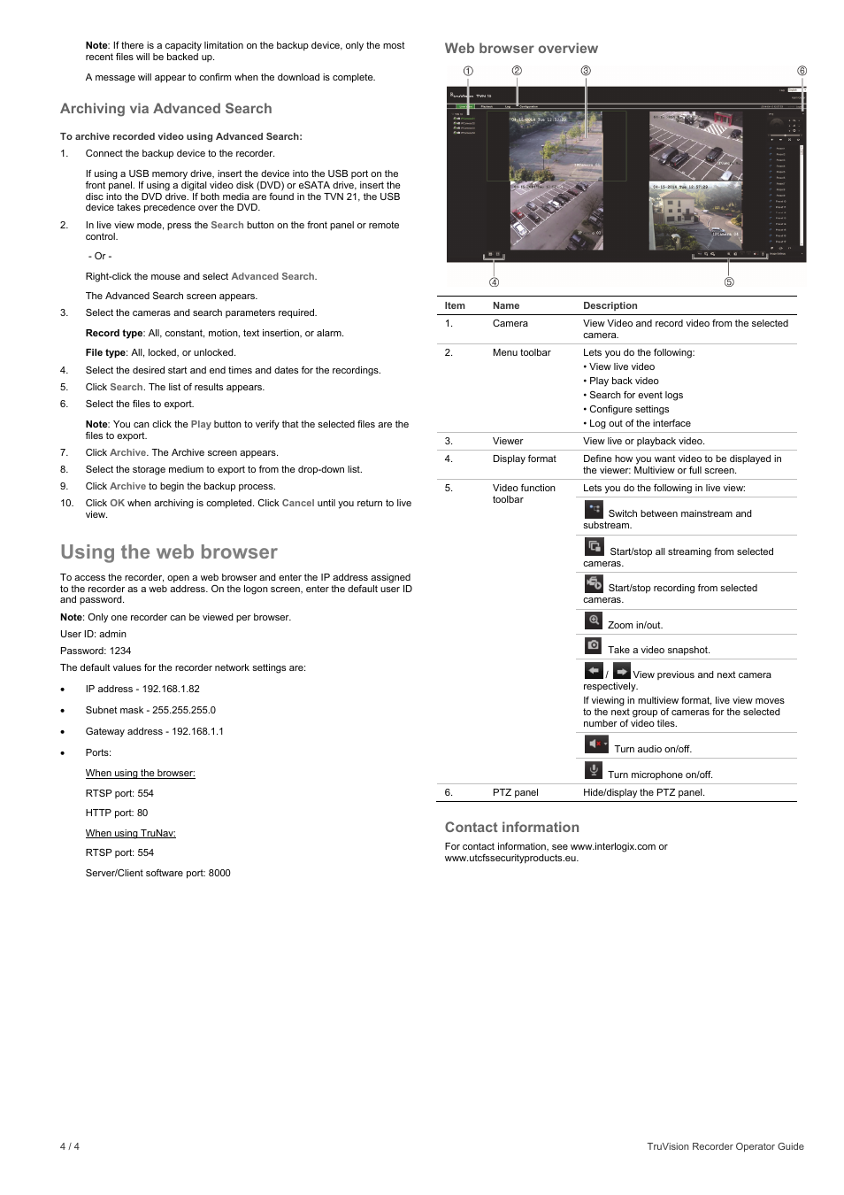Using the web browser, Archiving via advanced search, Web browser overview | Contact information | Interlogix NVR 10 User Manual | Page 4 / 4