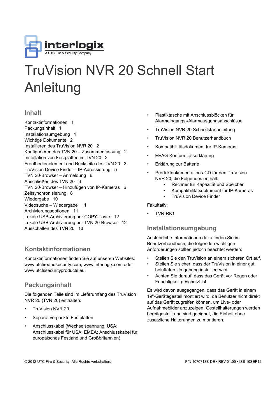 Truvision nvr 20 schnell start anleitung, Inhalt, Kontaktinformationen | Packungsinhalt, Installationsumgebung | Interlogix NVR 20 Quick Start User Manual | Page 15 / 84