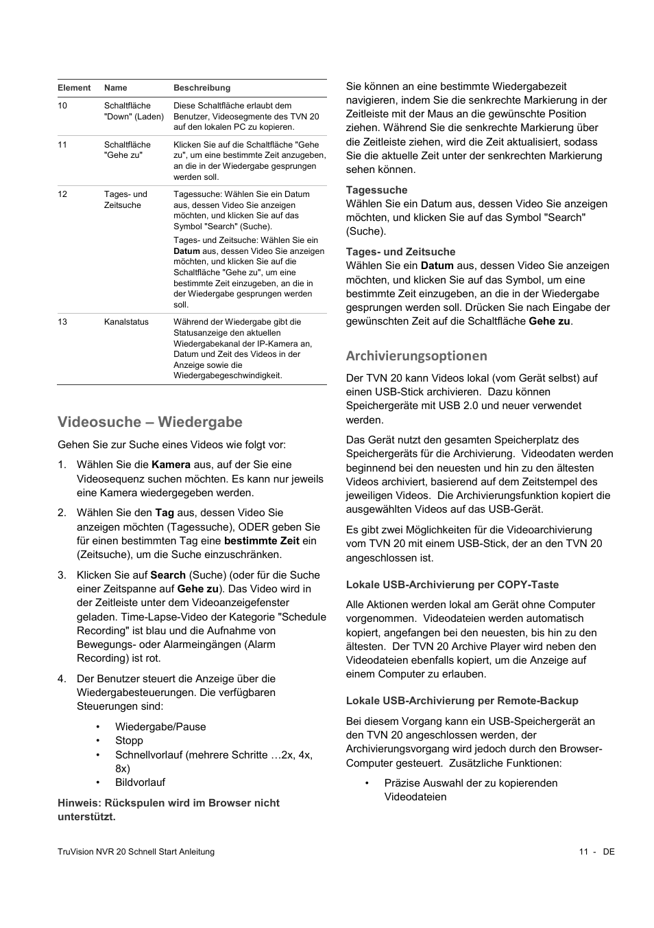 Videosuche – wiedergabe, Archivierungsoptionen | Interlogix NVR 20 Quick Start User Manual | Page 25 / 84
