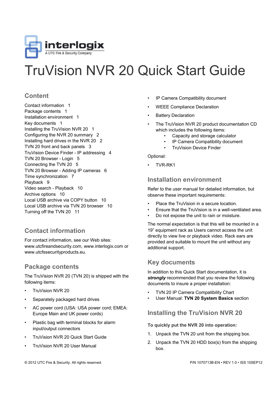 Truvision nvr 20 quick start guide, Content, Contact information | Package contents, Installation environment, Key documents, Installing the truvision nvr 20 | Interlogix NVR 20 Quick Start User Manual | Page 3 / 84