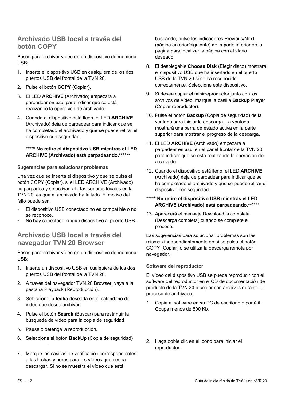 Archivado usb local a través del botón copy | Interlogix NVR 20 Quick Start User Manual | Page 40 / 84