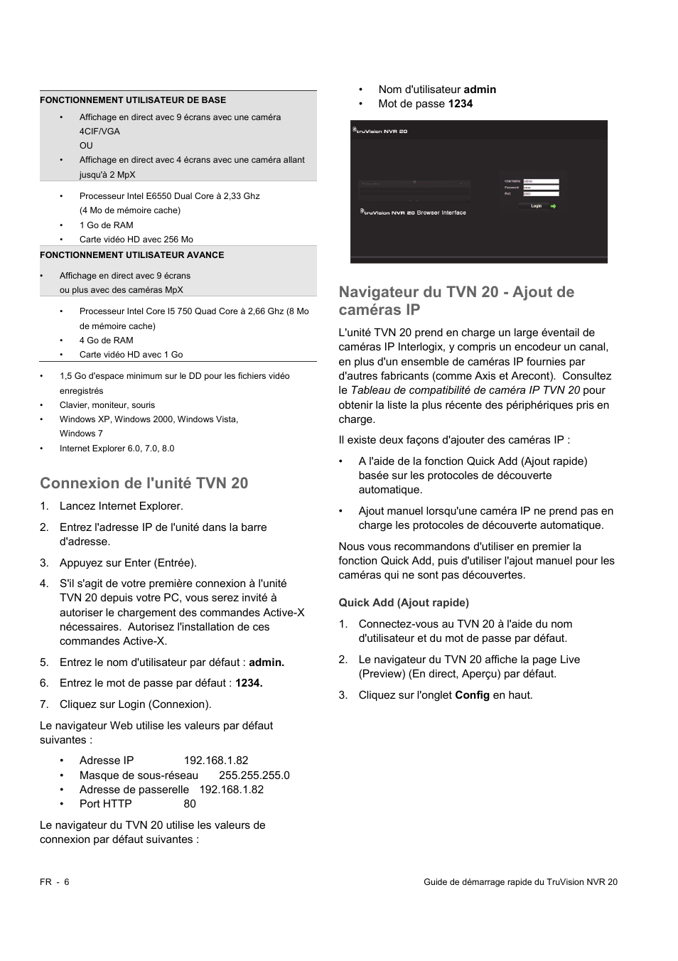 Connexion de l'unité tvn 20, Navigateur du tvn 20 - ajout de caméras ip | Interlogix NVR 20 Quick Start User Manual | Page 48 / 84