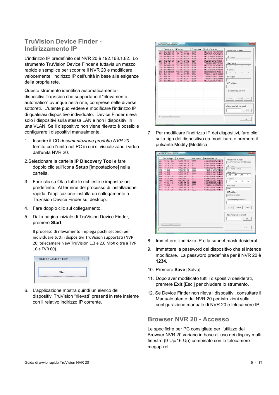 Truvision device finder - indirizzamento ip, Browser nvr 20 - accesso | Interlogix NVR 20 Quick Start User Manual | Page 61 / 84