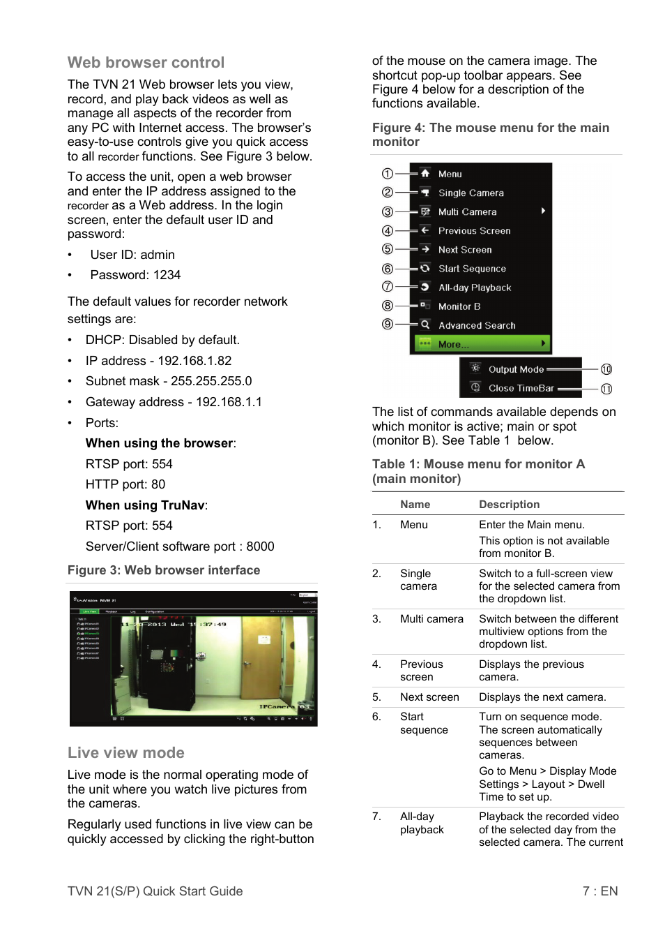 Web browser control, Live view mode | Interlogix NVR 21 (S/P) Quick Start User Manual | Page 7 / 8