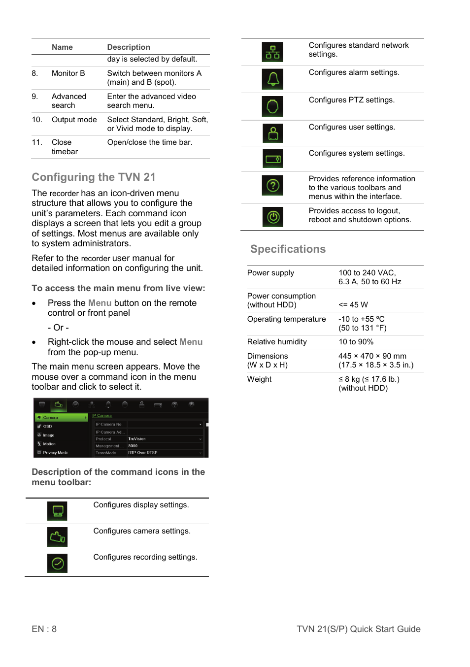Configuring the tvn 21, Specifications | Interlogix NVR 21 (S/P) Quick Start User Manual | Page 8 / 8