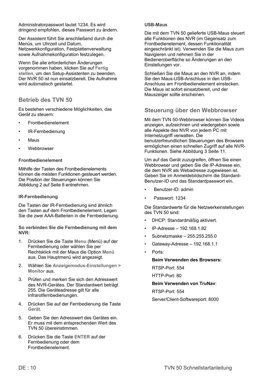 Betrieb des tvn 50, Steuerung über den webbrowser | Interlogix NVR 50 Quick Start User Manual | Page 12 / 64