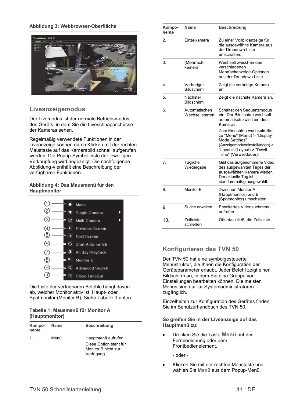 Liveanzeigemodus, Konfigurieren des tvn 50, Tvn 50 schnellstartanleitung 11 : de | Menü | Interlogix NVR 50 Quick Start User Manual | Page 13 / 64