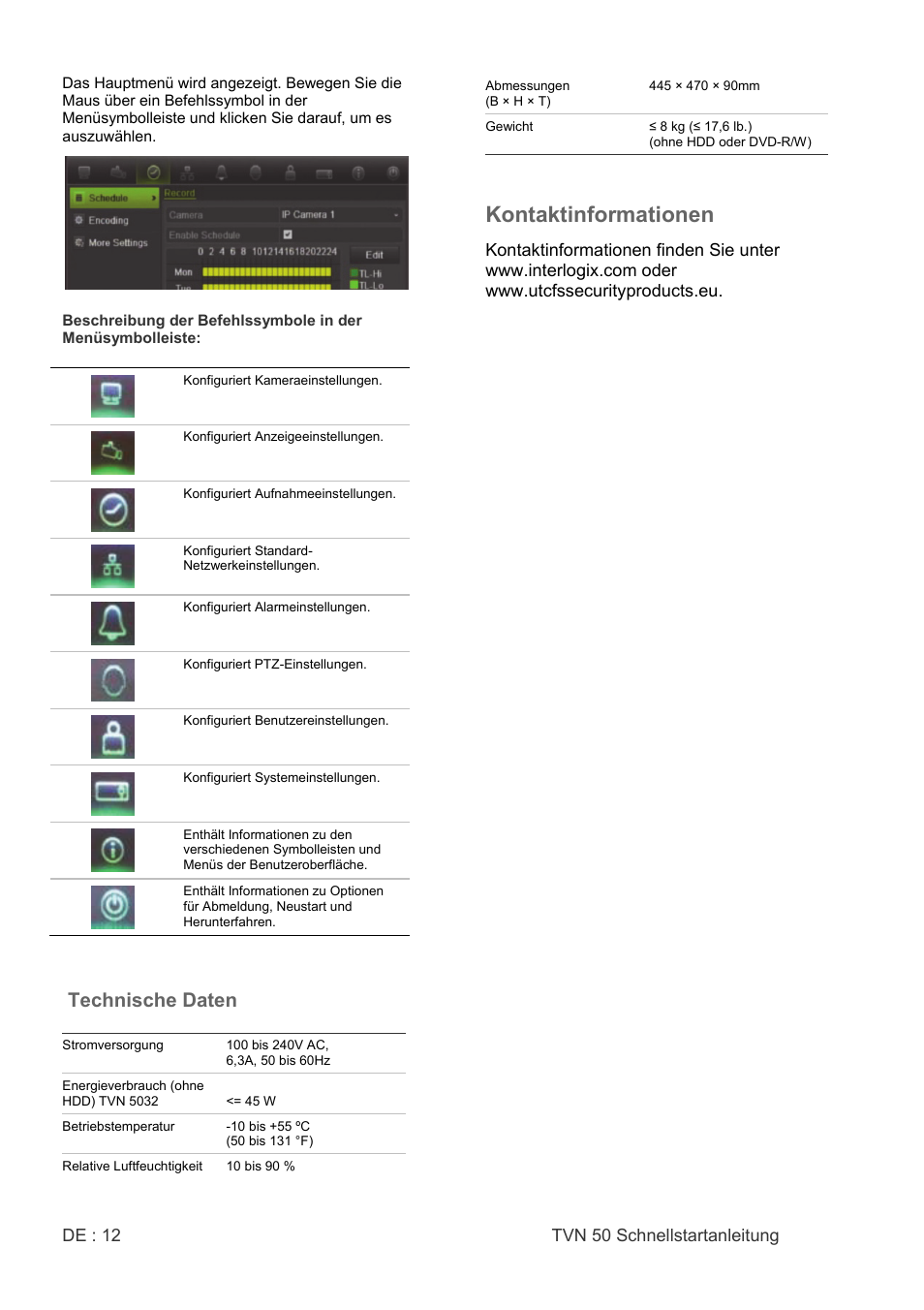 Kontaktinformationen, Technische daten | Interlogix NVR 50 Quick Start User Manual | Page 14 / 64